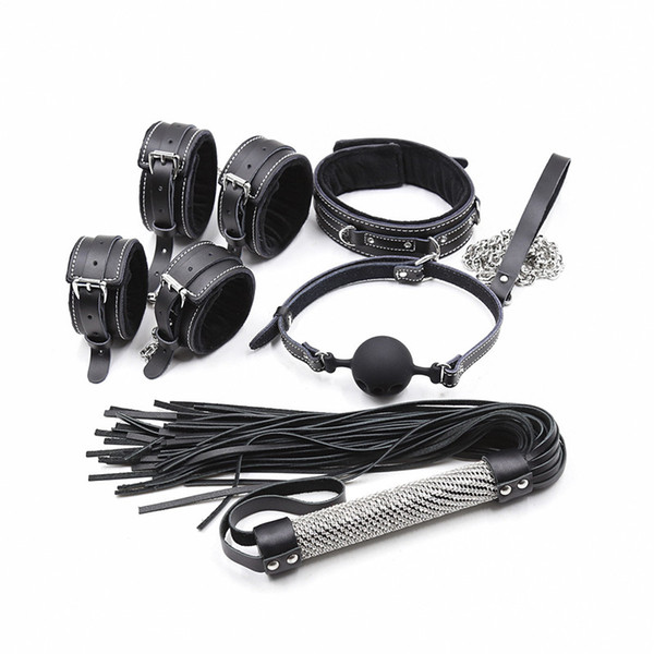 Bondage Slave Genuine Leather Whip Flogger Ass Spanking Collar Wrist Ankle Cuffs Mouth Plug Ball Gag Sex Products Adult Game For Couples