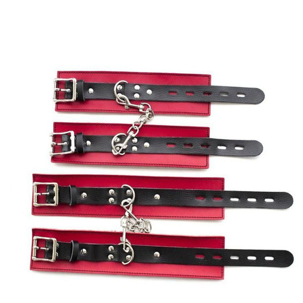 Sweet Magic 4PCS Set BDSM Red PU Leather Restraints Handcuffs Anklecuffs Wist Cuffs Bondage Fetish Sex Slave Sex Adult Firt Toys for Couples