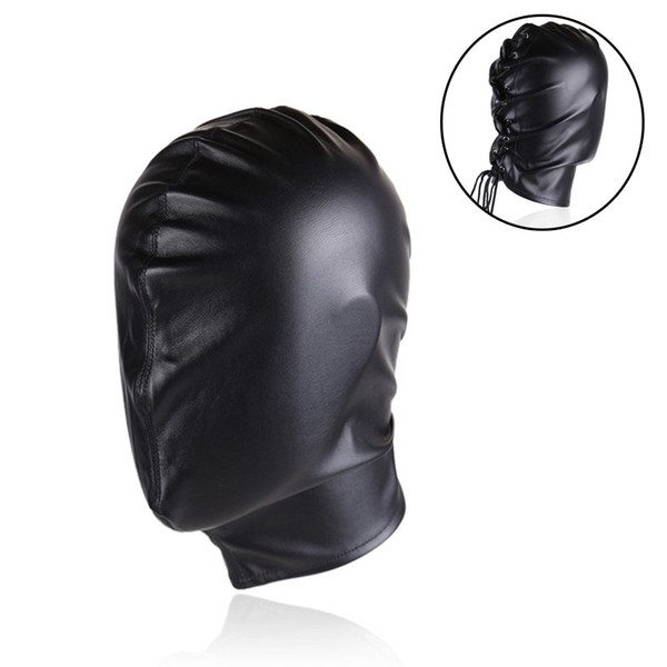 Sweet Magic Full Harness Hood Mask Black Soft PU Leather Lace UP Blindfold Head Mask Mask Muzzle Restraint Bondage Adult Sex Toys