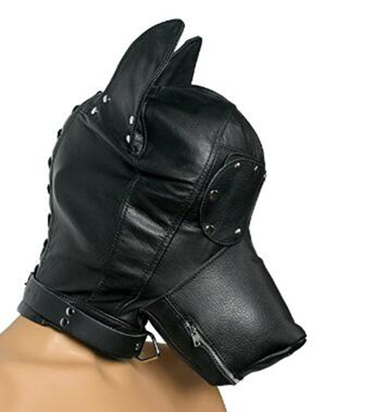 BDSM Bondage Hood Mask,Leather Zipper Dog Puppy Slaves Hood Blindfold,Sex Toy for Adults Couple Y18102405