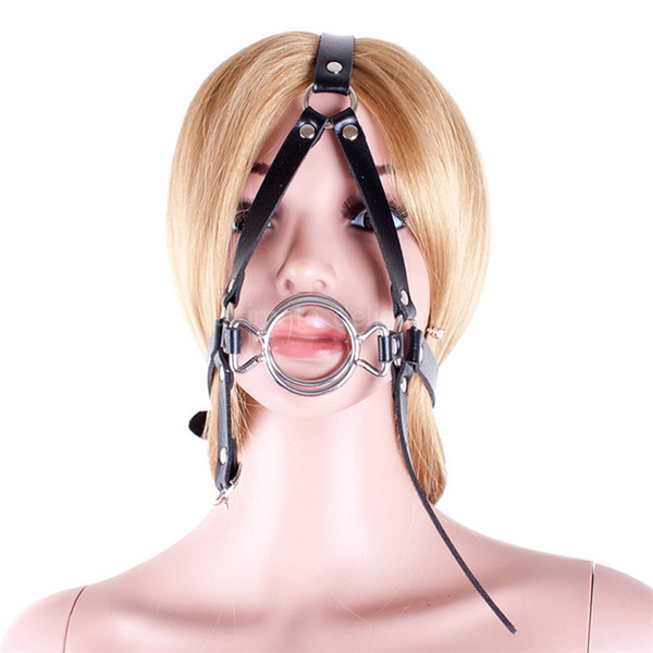 Free shipping 2015 Hot Sale Metal Double O Ring Open Mouth Gag Fetish Fantasy Adult Games Oral Fixation Gag Harness Head Restraint Sex Toys