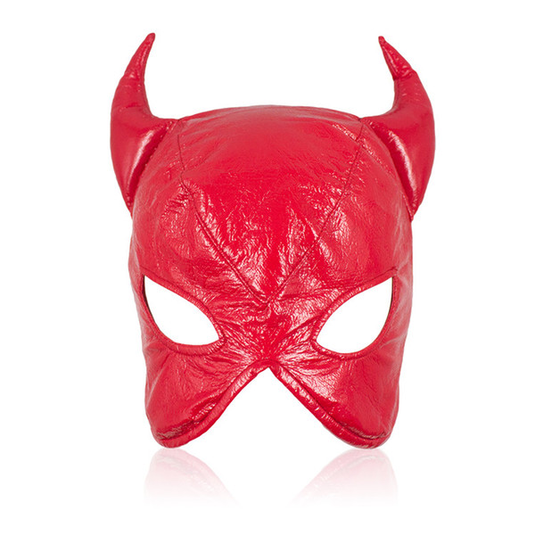 Sex toys PU Leather Gimp Headgear Devil Head Mask with Eye hole evil Horns Adult game Sex Bondage shop Restraint Adjustable Size