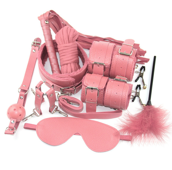 PU Sex Bondage Kit Slave Restraint BDSM Games Sex Toys Handcuffs Collar Eye Mask Whip Ball Gag Rope Nipple Clip Clamps