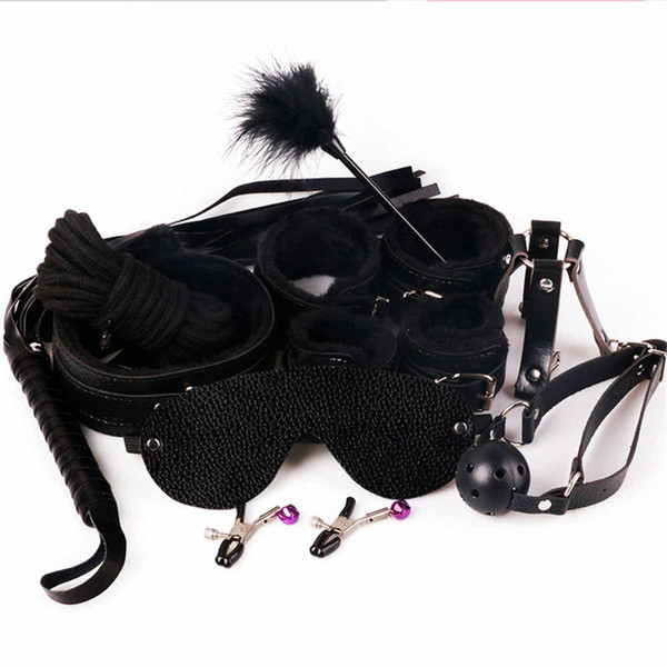 Sex 7-in-1 BDSM Gear Sex Bondage Restraint Kit PU Slave Wrist Ankle Cuffs Collar Whip Rope Blindfold Mouth Ball Gag Toys 3105003