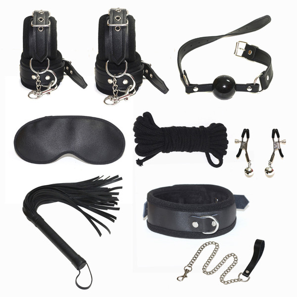 Black Leather Bondage Set Kit with sex Wrist Cuffs Mouth Gag Fetish Slave Restraint Whip Blindfold Rope Neck Collar