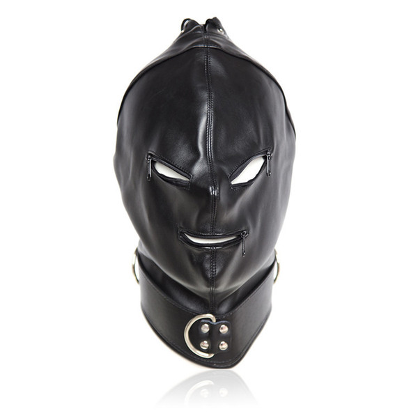 Black Faux Leather Head Bondage Restraint Mask Open Mouth&Eyes Fetish Erotic Toys Bdsm Bondage Hood Sex Toys For Couples