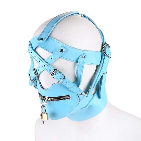 BDSM Sex Toys Blue Leather Head Harness With Muzzle Leather Muzzle Bondage Restraint Gear Adult Sex Product Z887