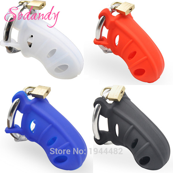 SODANDY 2017 Male Chastity Silicone Penis Sleeve Chastity Device Penis Cover Locking Cock Cage With Adjustable Cock Ring For Men