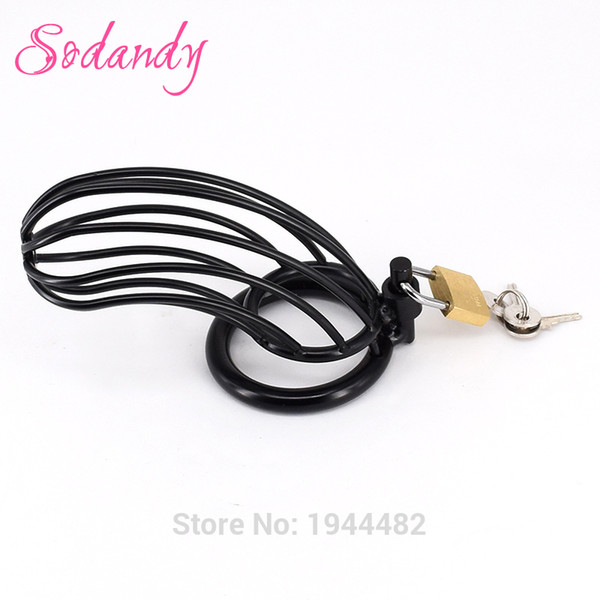 SODANDY 2018 Black Male Chastity Devices Mens Cock Cage Long Metal Penis Restraints Locking Cock Ring Alloy Penisring Sex Toys