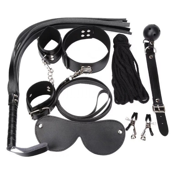 7pcs BDSM Bondage Mask Sex Toys Restraints Tool Including Hand Cuffs Whip Rope Neckerchief Eyes Patch Nipple Clamps and Ball Gaps.