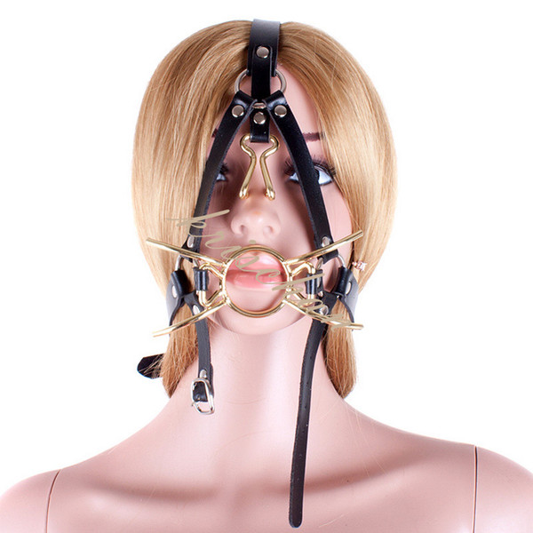 Spider Shape Metal Ring Gag Bondage Restraint with Nose Hook Slave Fetish Mouth Gag S&M tools Black Full Head Harness