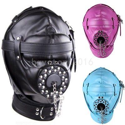 Full Head Mask Hood Mouth Plug Headgear Blindfold Restraint Roleplay Slave Game #R56