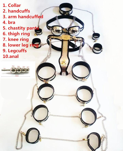 Stainless Steel male chastity device 10pcs/set chastity cage bondage restraints male chastity belt handcuffs adult sex slave