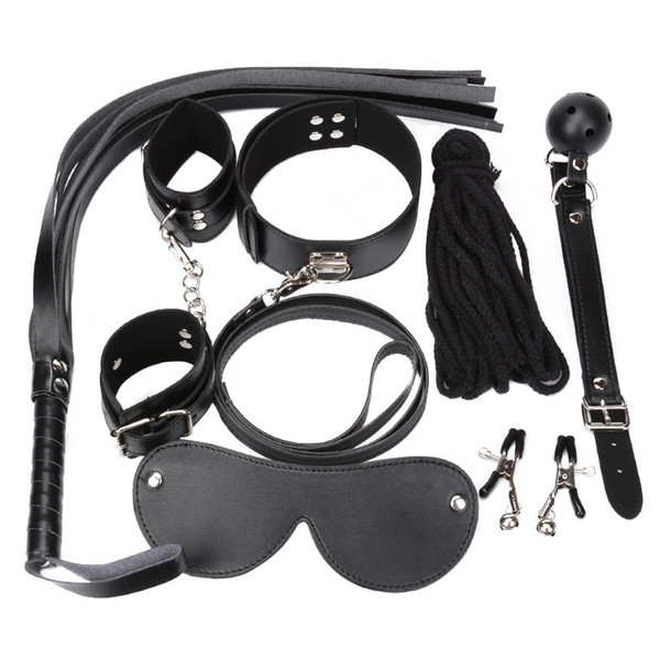 Fetish Play 7-in-1 Bondage kit Gear BDSM Restraints Spanking Torture Handcuffs Nipple Clamps Whip Eye Mask Mouth Gag Rope Collar BX1094