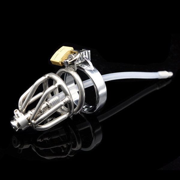 2018 Male Stainless Steel Cock Cage+Catheter New Style Double Ring Chastity Device Tube with Barbed Anti-Shedding Ring Cock Cage Urethral