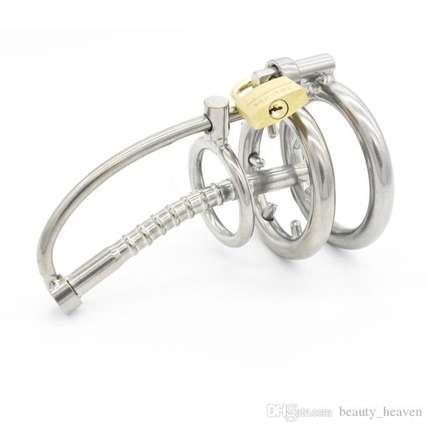 Stainless Steel Male Chastity Device with Catheter and Anti-Shedding Ring,Cock Cage Virginity Lock Penis Ring Adult Game Sex Toys