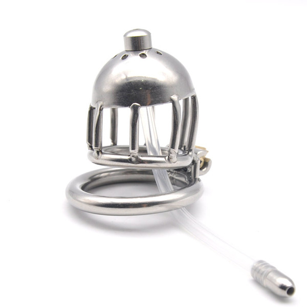 Latest dormant lock design short male stainless steel cock penis cage with long silica gel catheter Chastity Belt Ring BDSM Sex Toy A217