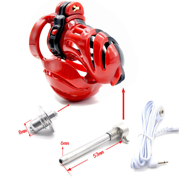 Latest Male 3D Electric Shock Cock Cage W Resin Penis Ring Scrotum Bondage Lock Chastity Device Adult BDSM Product Sex Toy Red Clear A390-2