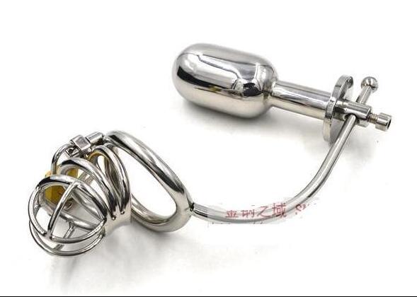 2018 Newest Male Stainless Steel Curve Cock Penis Cage Ring with adjustable Large Anal Butt plug Chastity Belt Device adult BDSM Sex toys