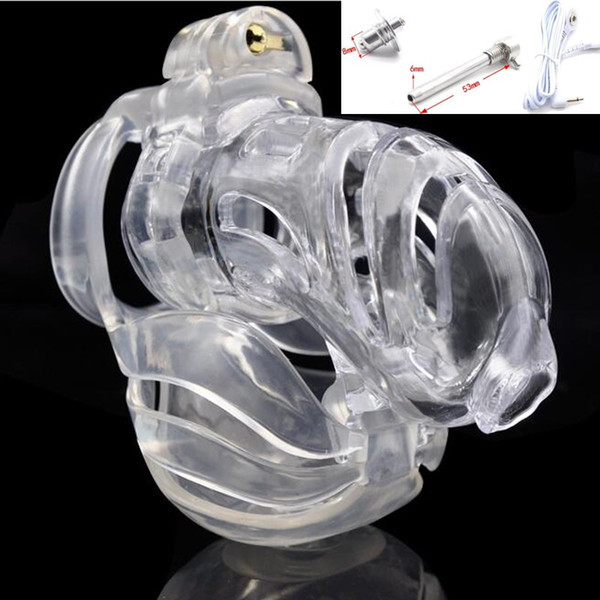 Latest Male 3D Electric Shock Cock Cage W Resin Penis Ring Scrotum Bondage Lock Chastity Device Adult BDSM Product Sex Toy Red Clear A390-3