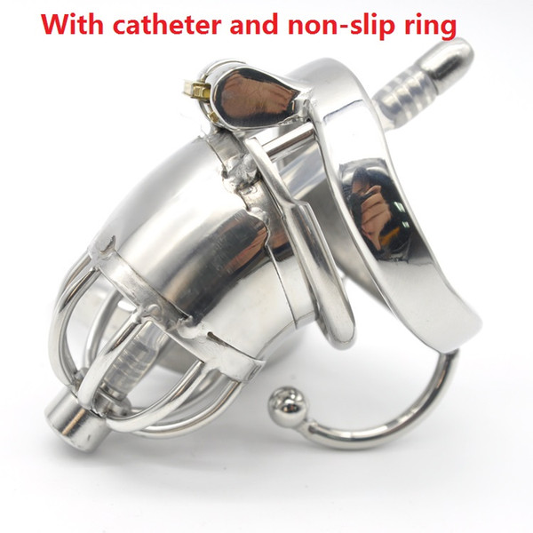 2017 Dormant Lock Design Super Short Male Stainless Steel Cock Cage With Catheter Penis Non-Slip Ring Chastity Belt Device BDSM Sex Toy C277