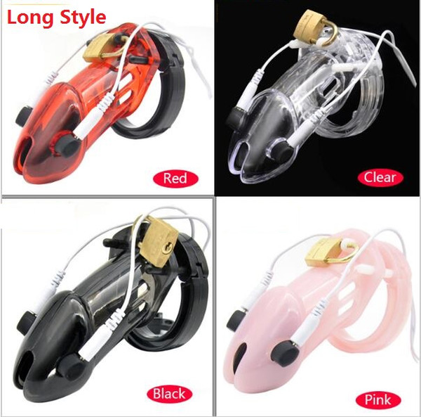 2017 Male Long PC Electric Shock Pulse Stimulate Cock Cage With 5 Penis Ring Bondage Chastity Device Lock Adult Bdsm Sex Toy 4 Color A191