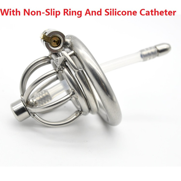 2017 Latest Dormant Lock Super Short Male Stainless Steel Cock Cage With Penis Non-Slip Ring Silicone Catheter Chastity Belt BDSM Sex Toy