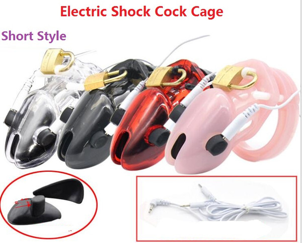 2017 Male Short PC Electric Shock Pulse Stimulate Cock Cage With 5 Penis Ring Bondage Chastity Device Lock Adult Bdsm Sex Toy 4 Color A191