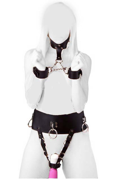 Kinky Sex Bondage Set PU Leather Female Vibrator Harness Forced Multi Orgasm Underwear with Neck Collar to Wrist Restraint Cuffs