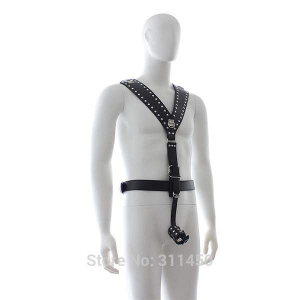 Fetish Male Bondage PU Leather Men's Torso Harness with Round Studs and Cock/Penis Ring Restraint Set Adjustable Straps