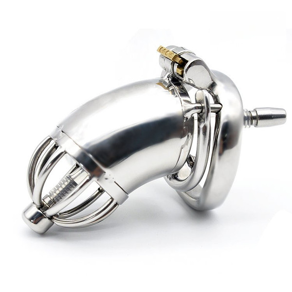 Male Stainless Steel Cock Cage Penis Ring Chastity Device catheter with Stealth New Lock Adult Sex Toy A278