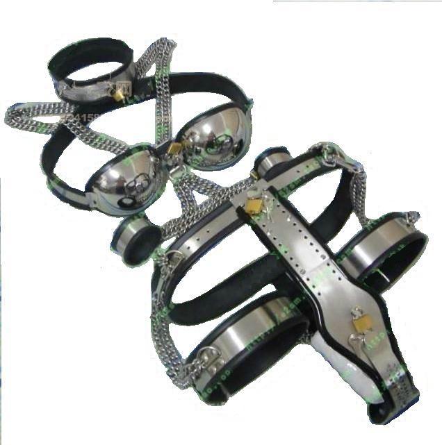 Female Adjustable T-type steel chastity belt Thigh Cuff bra collar handcuff (5pcs in 1 set)