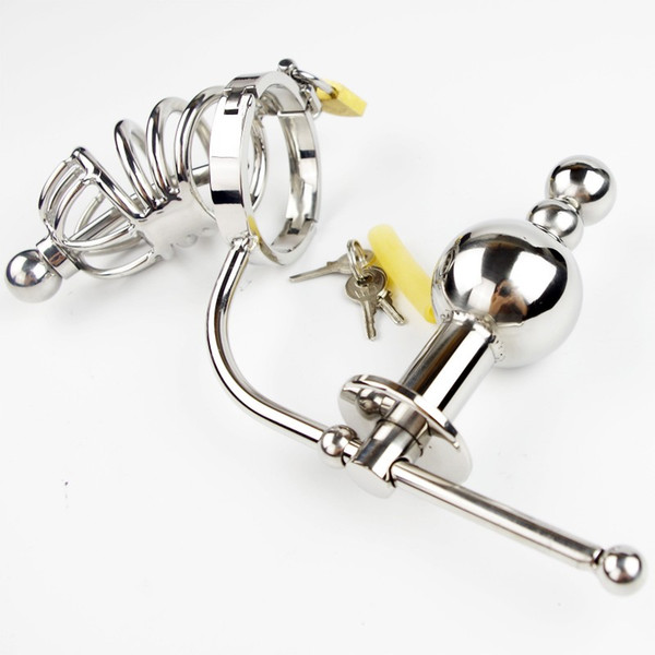 Male Siamese Anal plug Chastity Cage Device Stainless Steel Adjustable Butt beads Adult Sex Toys For Men Chastity Belt FFA046