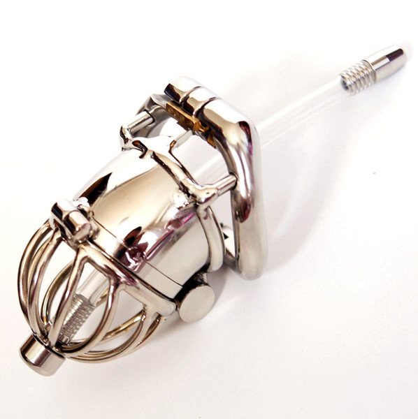 Male Chastity Device 65 MM Long Adult Double Lock Design Cock Cage With 8 MM Diameter Urethral Catheter Stainless Steel Chastity Belt