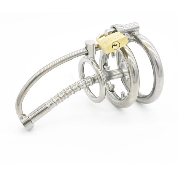 Stainless Steel Male Chastity Device Cock Cage with Catheter and Anti-Shedding Ring, Virginity Lock Penis Ring Adult Game Sex Toys