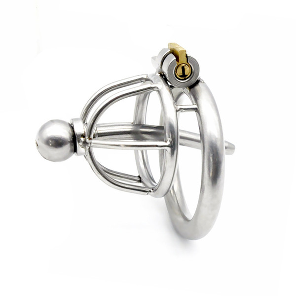 New stainless steel Lock cagee Male chastity with catheter birdlock male belt bound chastity device penis bondage catheter