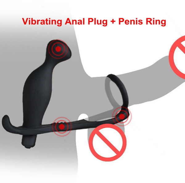 New Silicone Vibrating Anal Plug Butt Plug Vibrator Massager With Double Cock Ring Cockrings Penis Rings Erotic Toys Gay Adult Anal Sex Toys