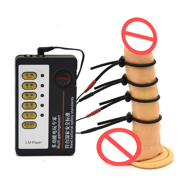 Male Electro Shock 4Pcs Electric Shock Penis Rings Enhancement Electro Penis Extensions Massager Fetish Bondage BDSM Sex Toy Electrode Gear