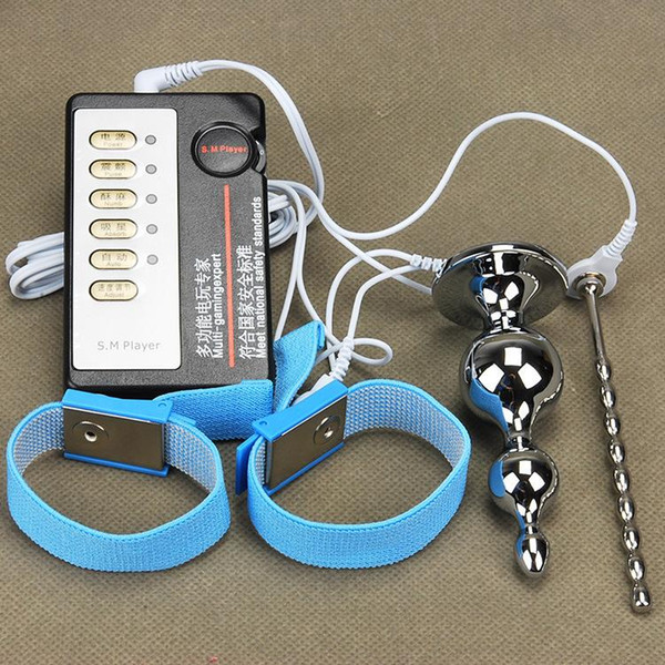 Pulse stimulator Electric Shock Adult Sex Products cock ring +Male Penis Urethral Sound Chastity penis Plug + anal plug