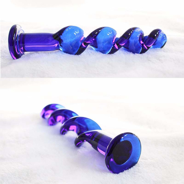 Blue Spiral Crystal Penis Dildo - Female Masturbation Smooth Glass Butt Plug Addict Stick - Adult Sex Toy Product Supplies