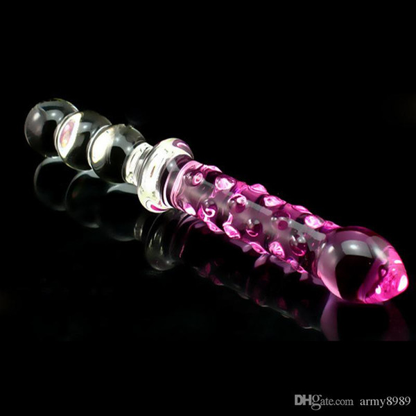 2015 New! Exquisite Patterns pink double dildo glass,double ended glass dildo ,vagina + adult glass anal plug sex toys 225*33mm