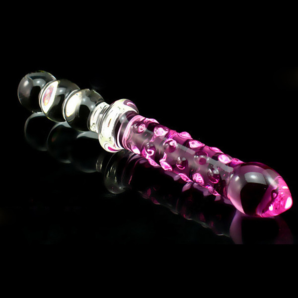 2015 New! Exquisite Patterns pink double dildo glass,double ended glass dildo ,vagina + adult glass anal plug sex toys 225*33mm