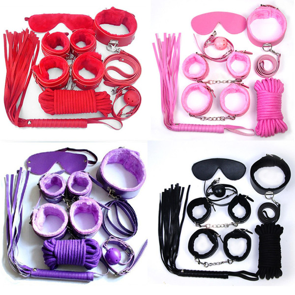 Bondages 7Pcs/set Bondage Kit Set Fetish BDSM Roleplay Handcuffs Whip Rope Blindfold Ball Gag Black/Red/Pink/Purple Slave Bondage Kit