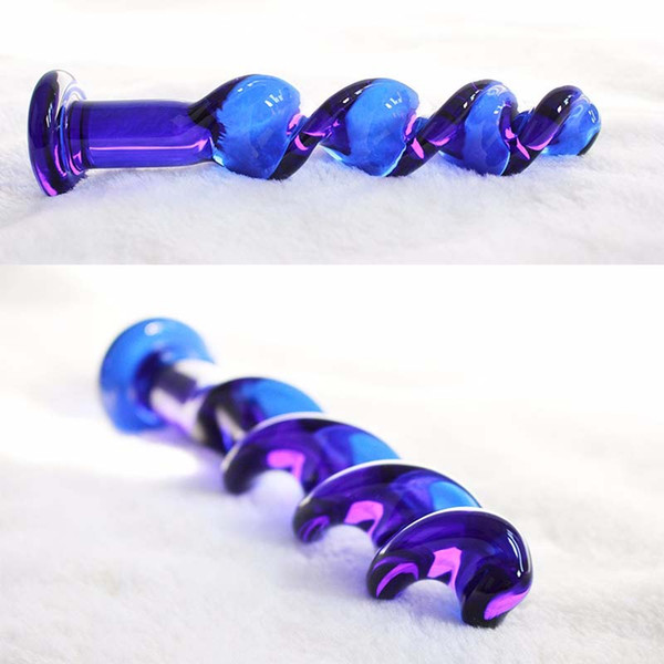 17cm Blue Spiral Crystal Penis Dildo - Female Masturbation Smooth Glass Butt Plug Addict Stick - Adult Sex Toy Product Supplies