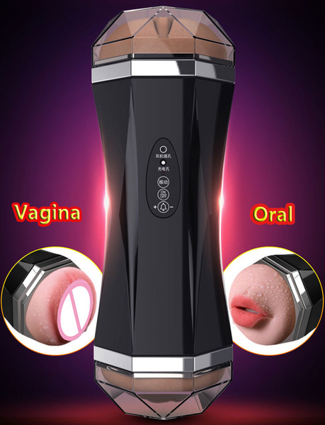 New USB Charge + Voice Electric Male Masturbator Artificial Vagina & Oral Dual Channel Sucking Vibrators Sex Toys For Men