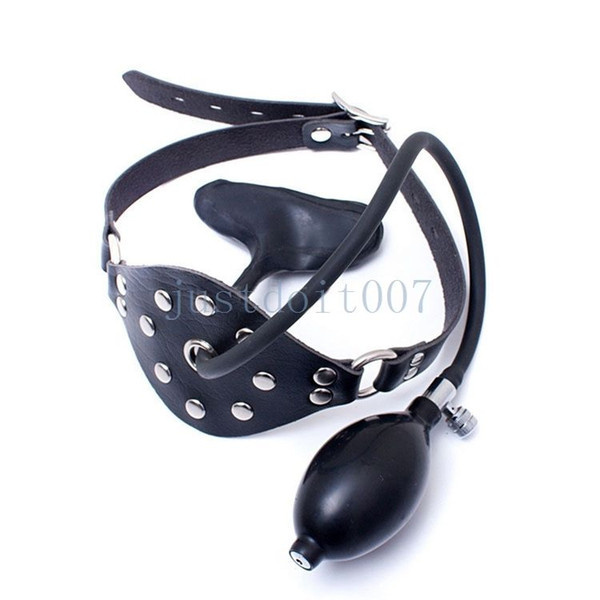 Rubber Inflatable Choker Mouth Gag Studded Leather Panel Balloon Pump latex new #T09