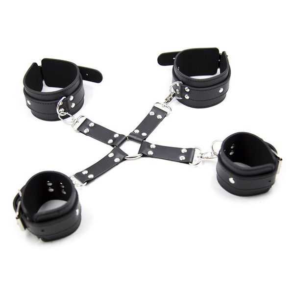 Pu Leather Hand Cuff Ankle Cuffs Buckle With Cross Belt BDSM Bondage Tape Hogtie Restraints Fetish Adult Game Sex Toys