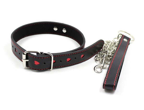 Red Hearts Shaped Sex Collars Neck Collar Rings With Chain Dog Leash Lead PU Leather Slave Neck Restraints Role Play Sex Toys