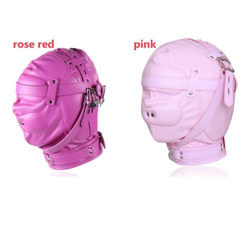 Pink/Rose Red PU Leather Bondage Hood Sex Slave Mask BDSM Bondage Restraints Thicken Full Head Harness Hood Masks Sex Toys