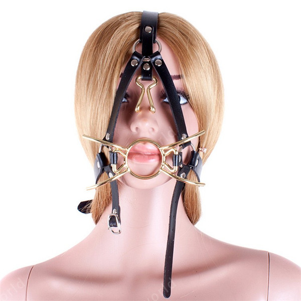 Gold Color Metal Spider O Ring Mouth Gag With Nose Hook Fetish Open Mouth Oral Fixation Gag Harness Head Restraint Slave Sex Toy